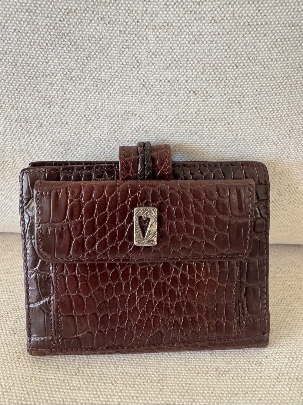 Vintage Brighton Brown Croc-Embossed Heart Leather Boho Bifold Women’s Wallet